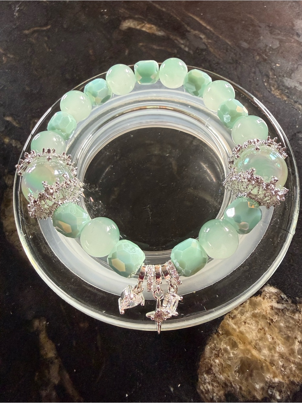 Mint Green Beaded Stretch Bracelet with Silver Charms